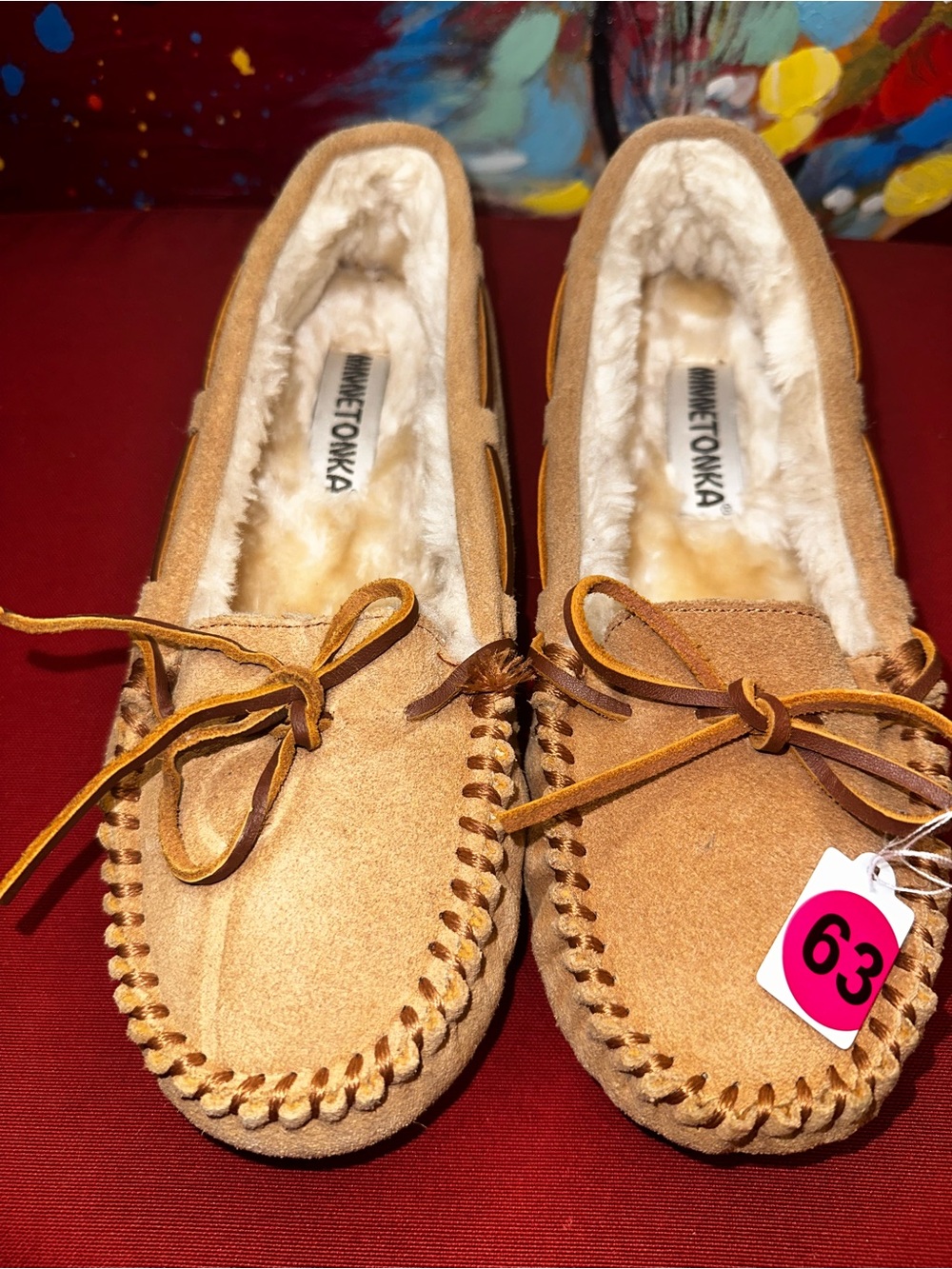No.63 Minnetonka Chestnut/Tan Suede Moccasin Slippers with Shearling Lining